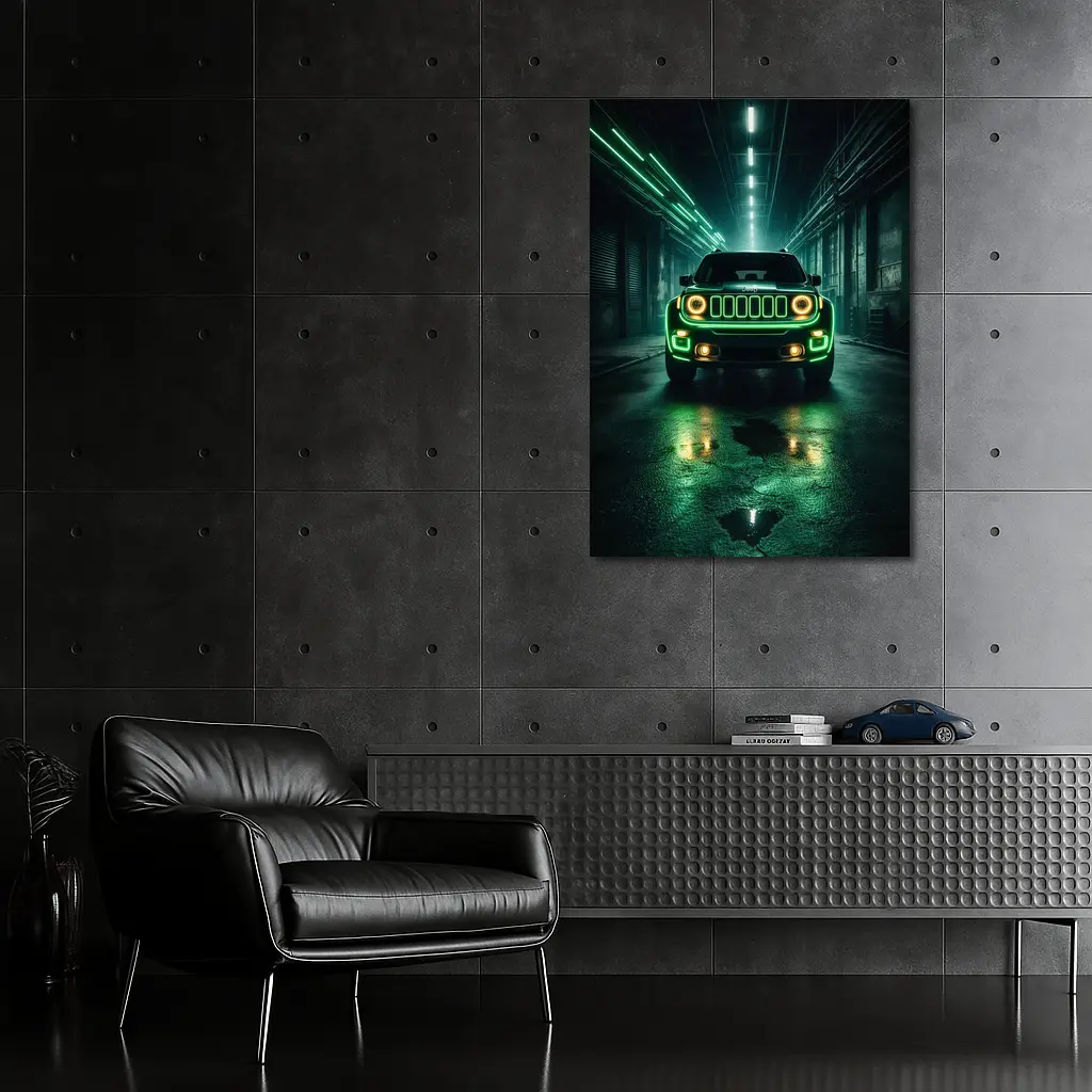 Jeep Renegade Neon Green Dark Urban Garage – Wall Art