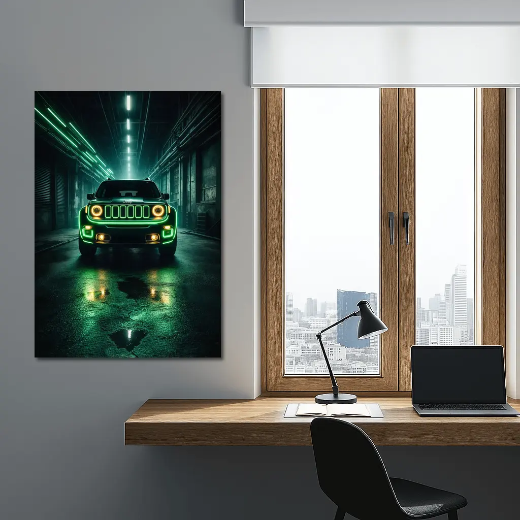 Jeep Renegade Neon Green Dark Urban Garage – Wall Art