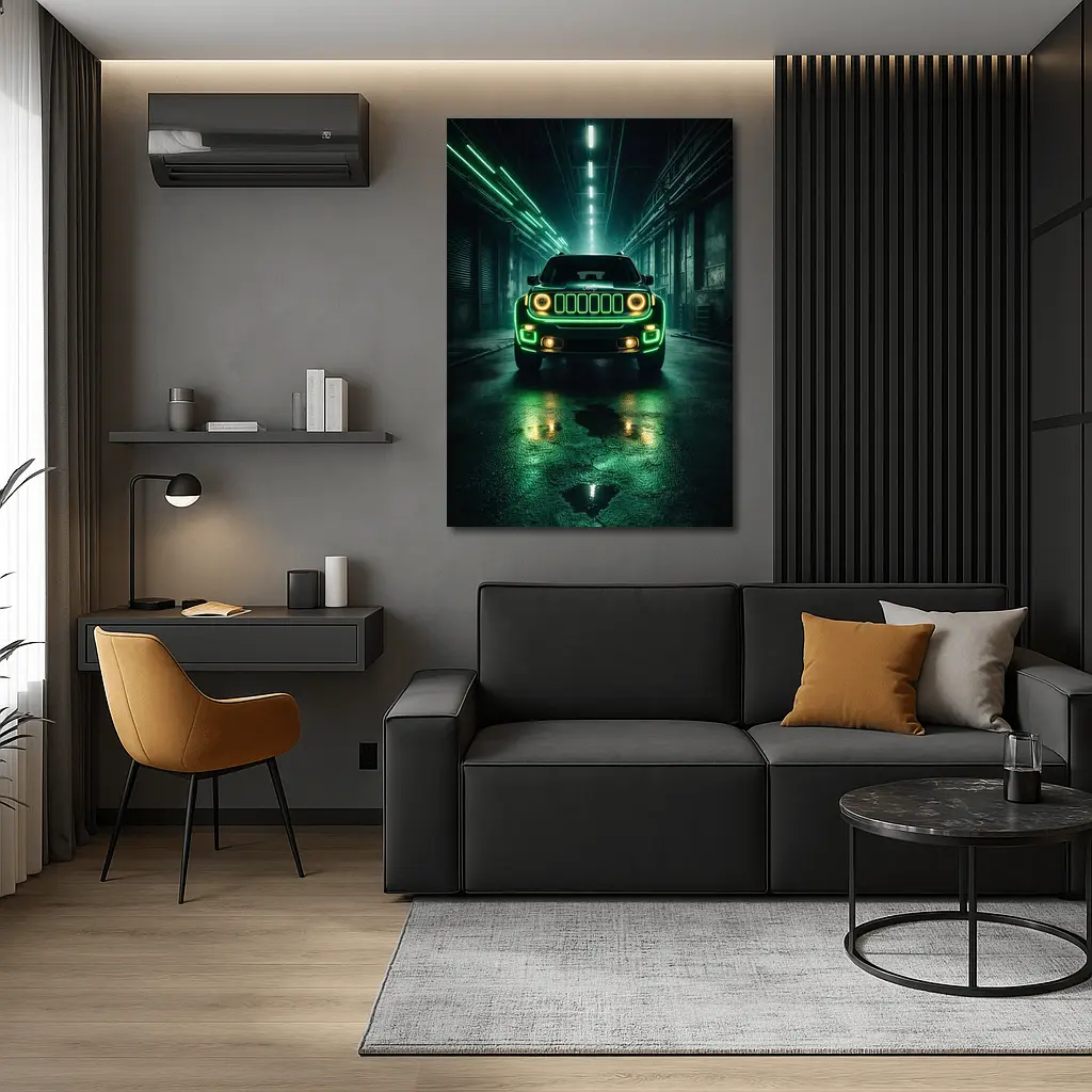 Jeep Renegade Neon Green Dark Urban Garage – Wall Art