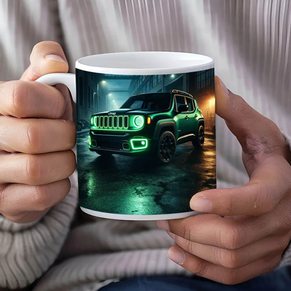 Jeep Renegade Neon Green Night City Street – Mugs