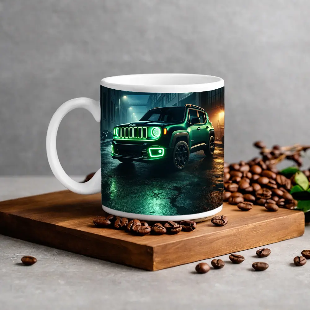 Jeep Renegade Neon Green Night City Street – Mugs