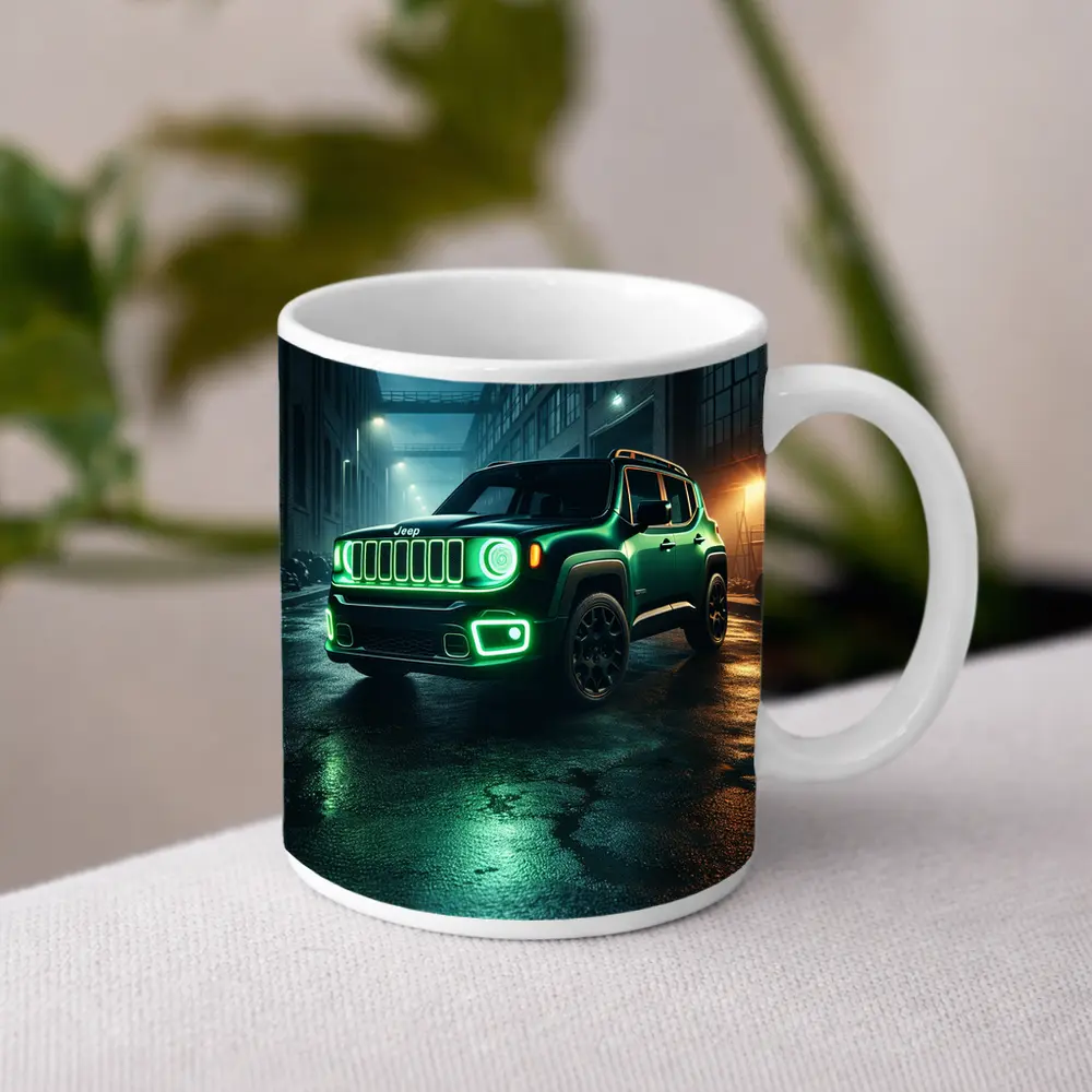 Jeep Renegade Neon Green Night City Street – Mugs