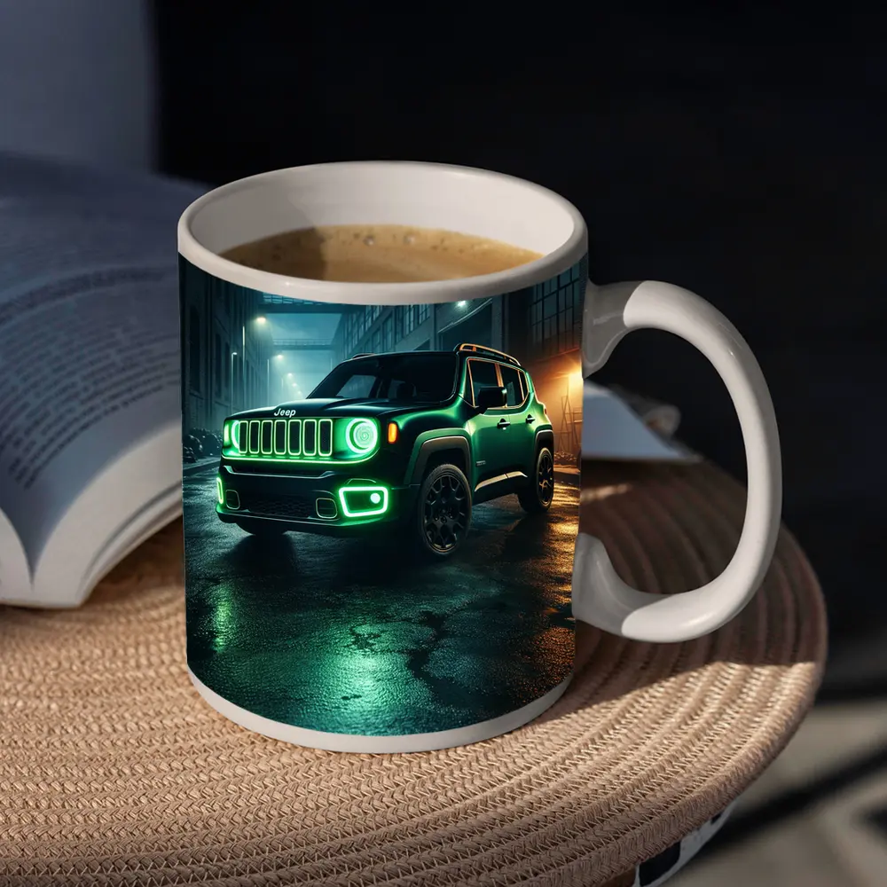 Jeep Renegade Neon Green Night City Street – Mugs