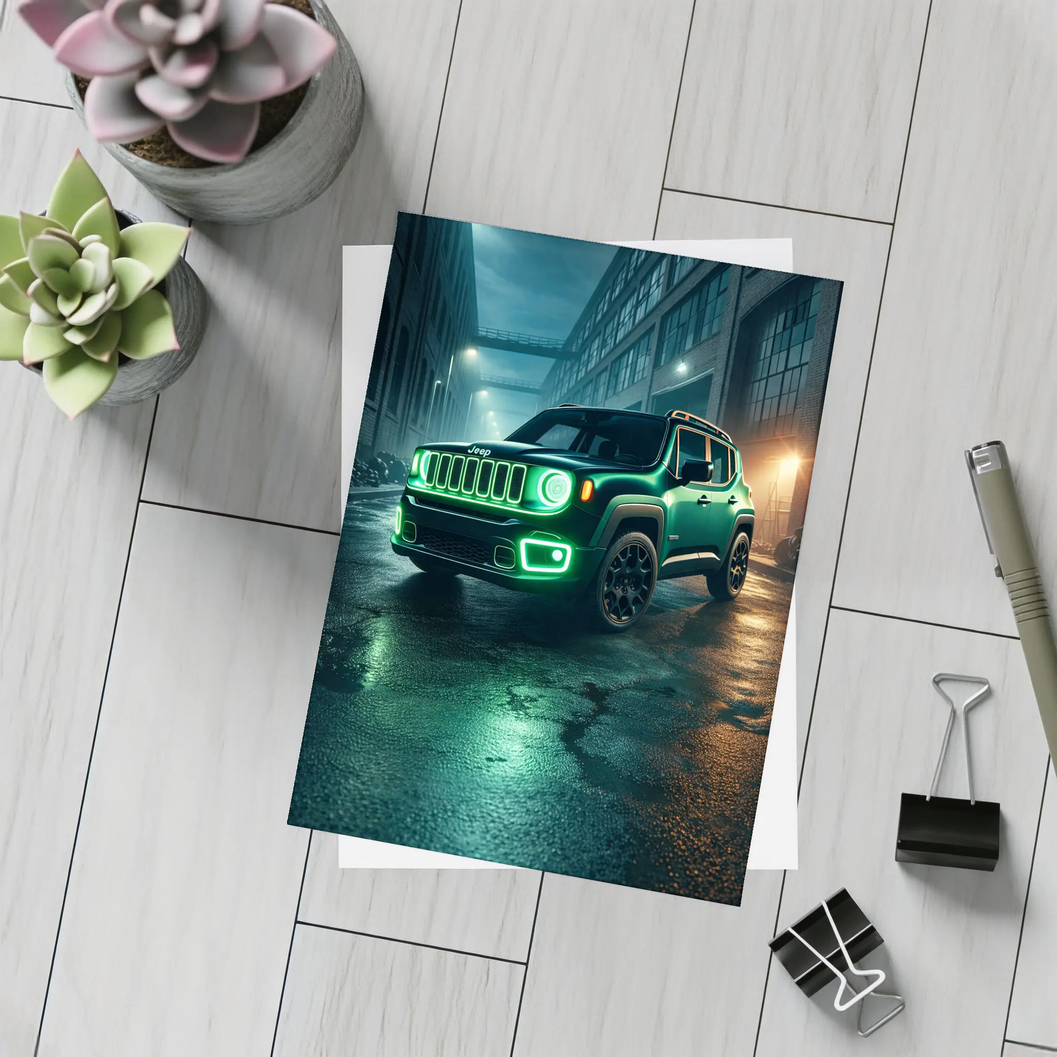 Jeep Renegade Neon Green Night City Street – Postcards