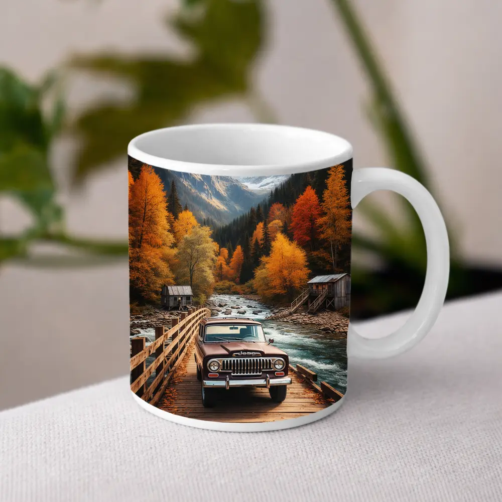 Jeep Wagoneer Classic Truck Autumn Mountain Bridge – Mugs