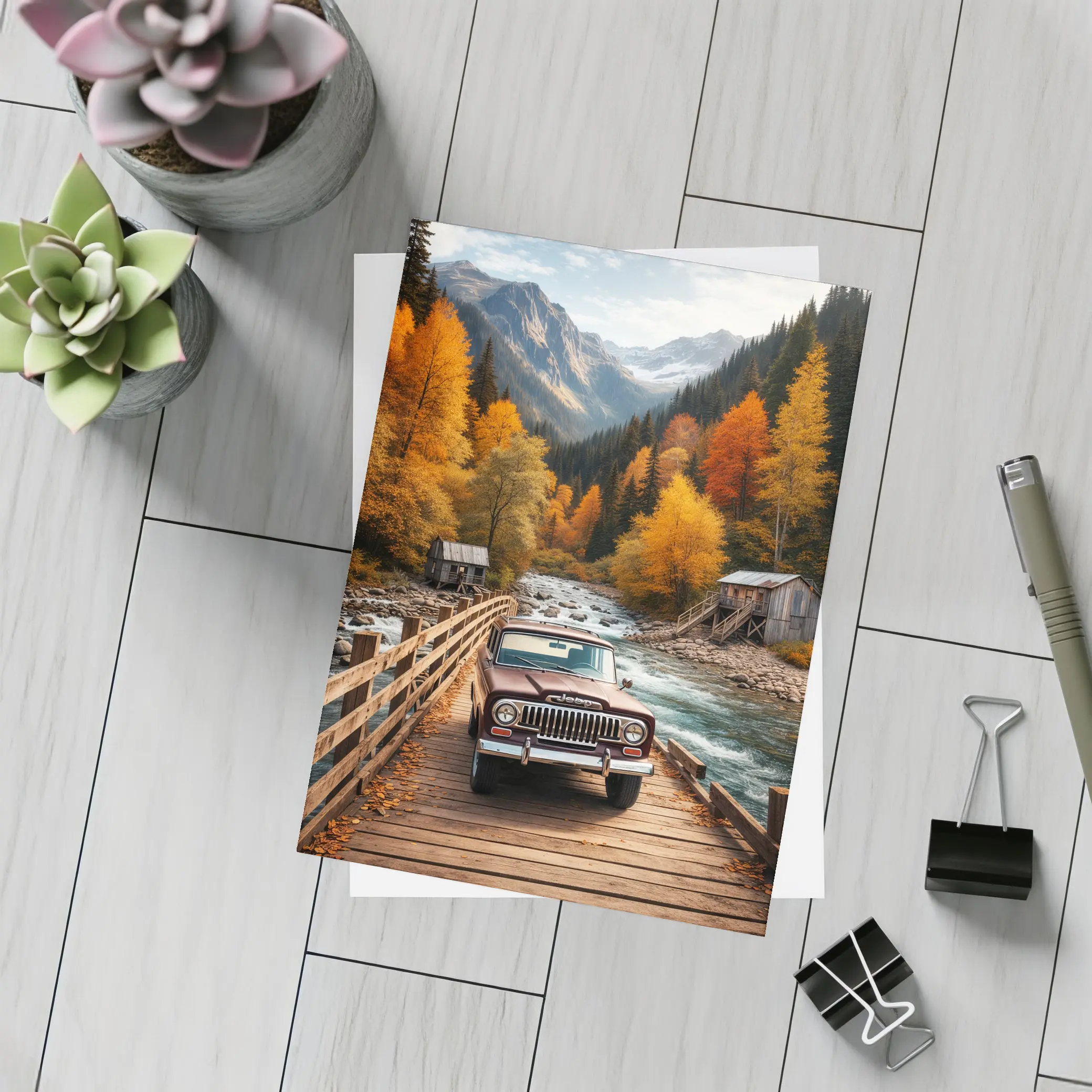 Jeep Wagoneer Classic Truck Autumn Mountain Bridge – Postcards