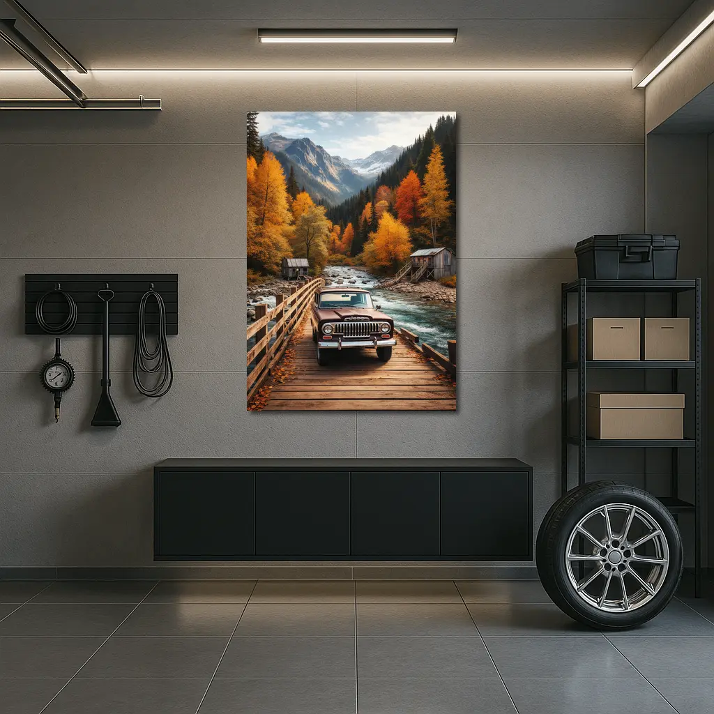 Jeep Wagoneer Classic Truck Autumn Mountain Bridge – Wall Art