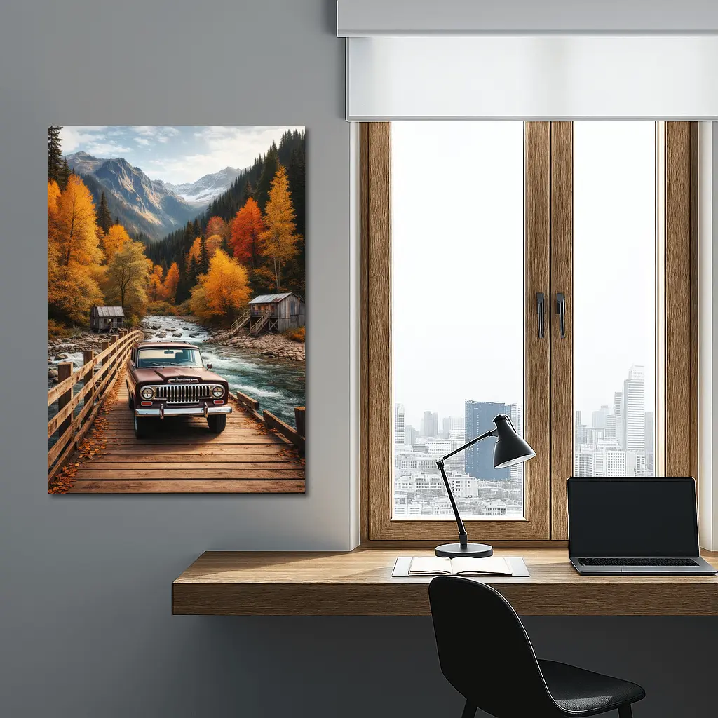 Jeep Wagoneer Classic Truck Autumn Mountain Bridge – Wall Art