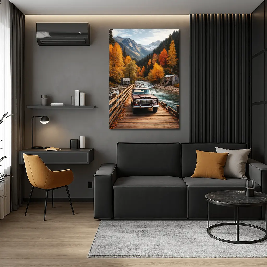 Jeep Wagoneer Classic Truck Autumn Mountain Bridge – Wall Art