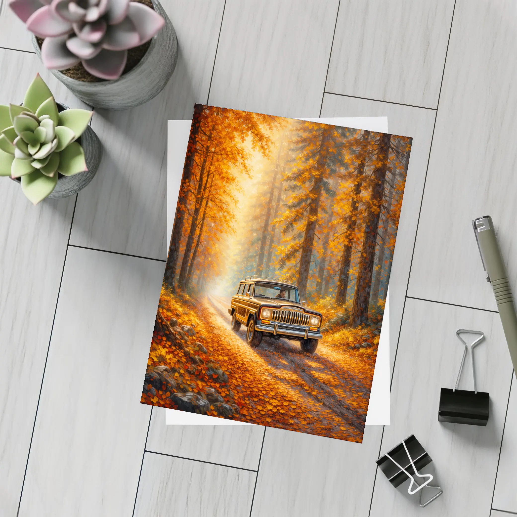 Jeep Wagoneer Autumn Forest Dirt Road – Postcards