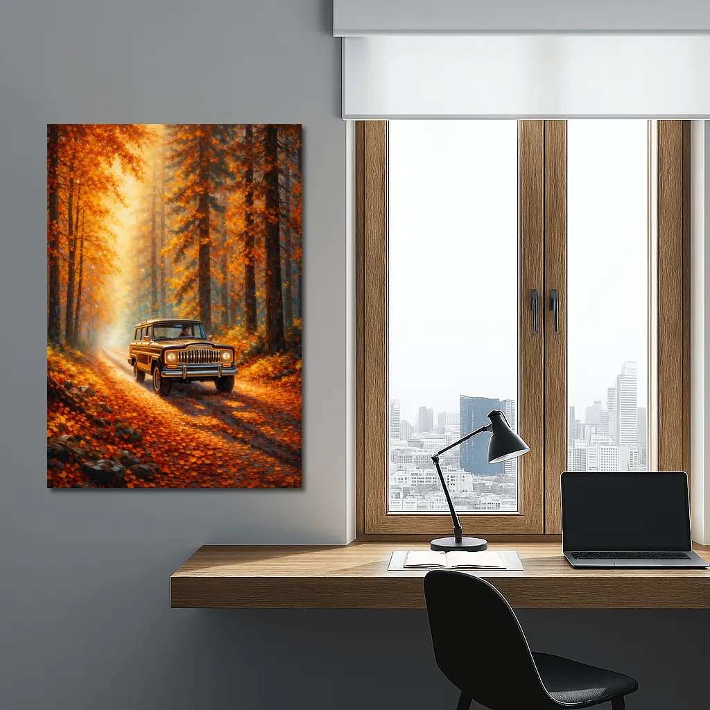 Jeep Wagoneer Autumn Forest Dirt Road – Wall Art