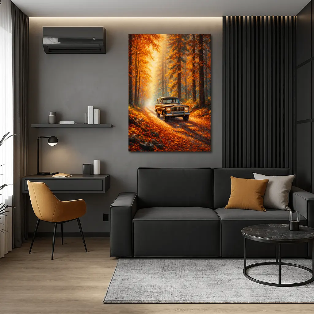 Jeep Wagoneer Autumn Forest Dirt Road – Wall Art