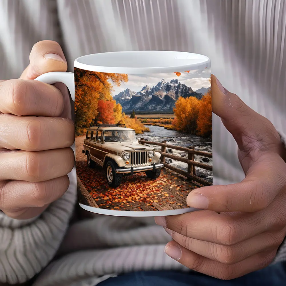 Jeep Wagoneer On Bridge Autumn Mountains – Mugs