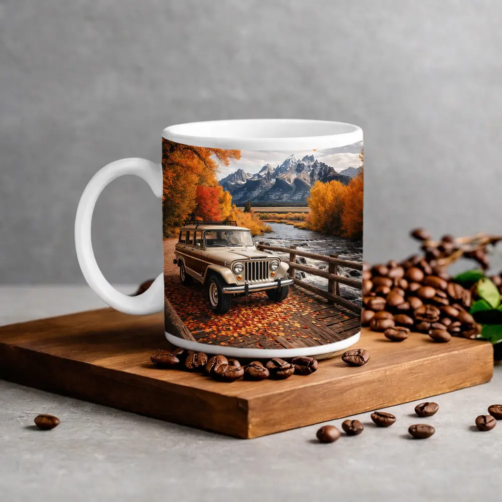 Jeep Wagoneer On Bridge Autumn Mountains – Mugs