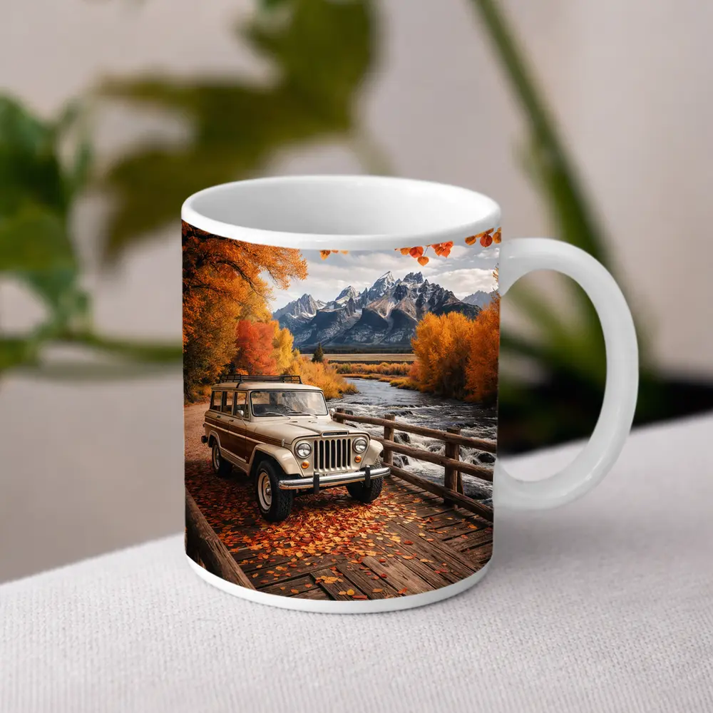 Jeep Wagoneer On Bridge Autumn Mountains – Mugs