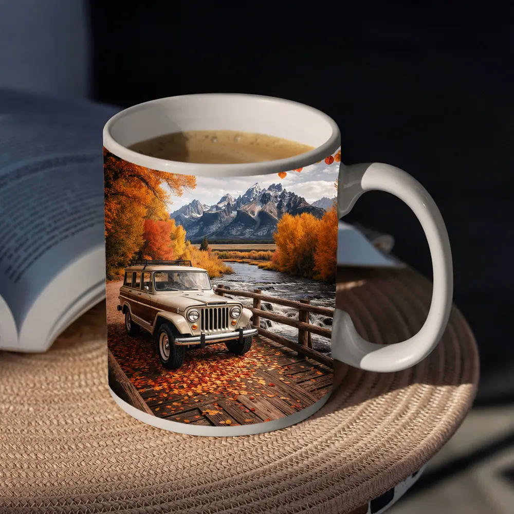 Jeep Wagoneer On Bridge Autumn Mountains – Mugs