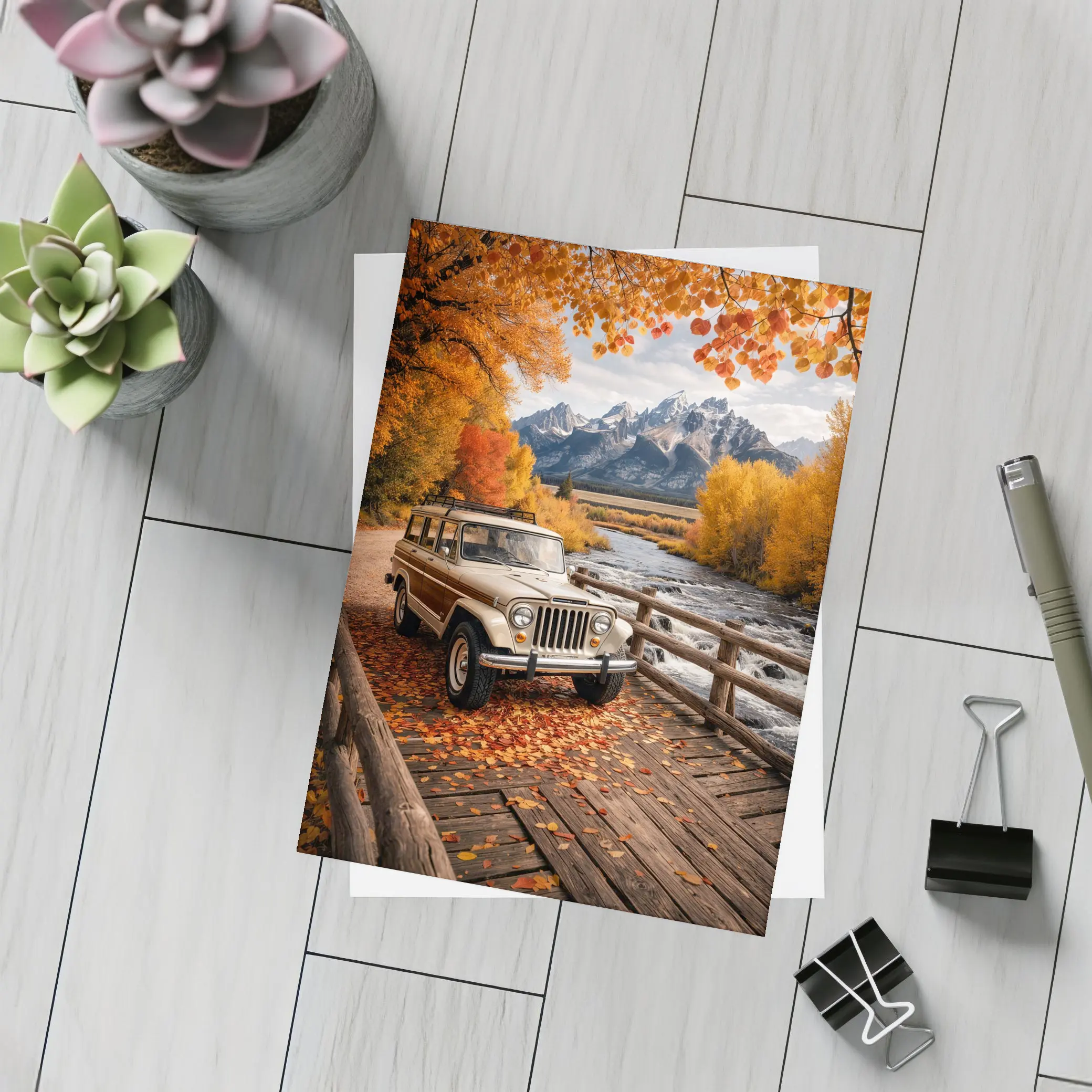 Jeep Wagoneer On Bridge Autumn Mountains – Postcards