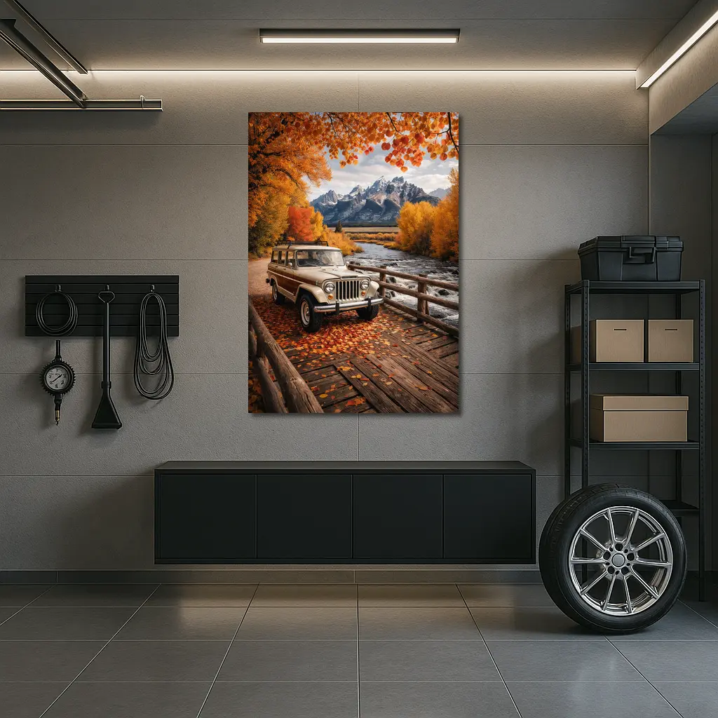 Jeep Wagoneer On Bridge Autumn Mountains – Wall Art