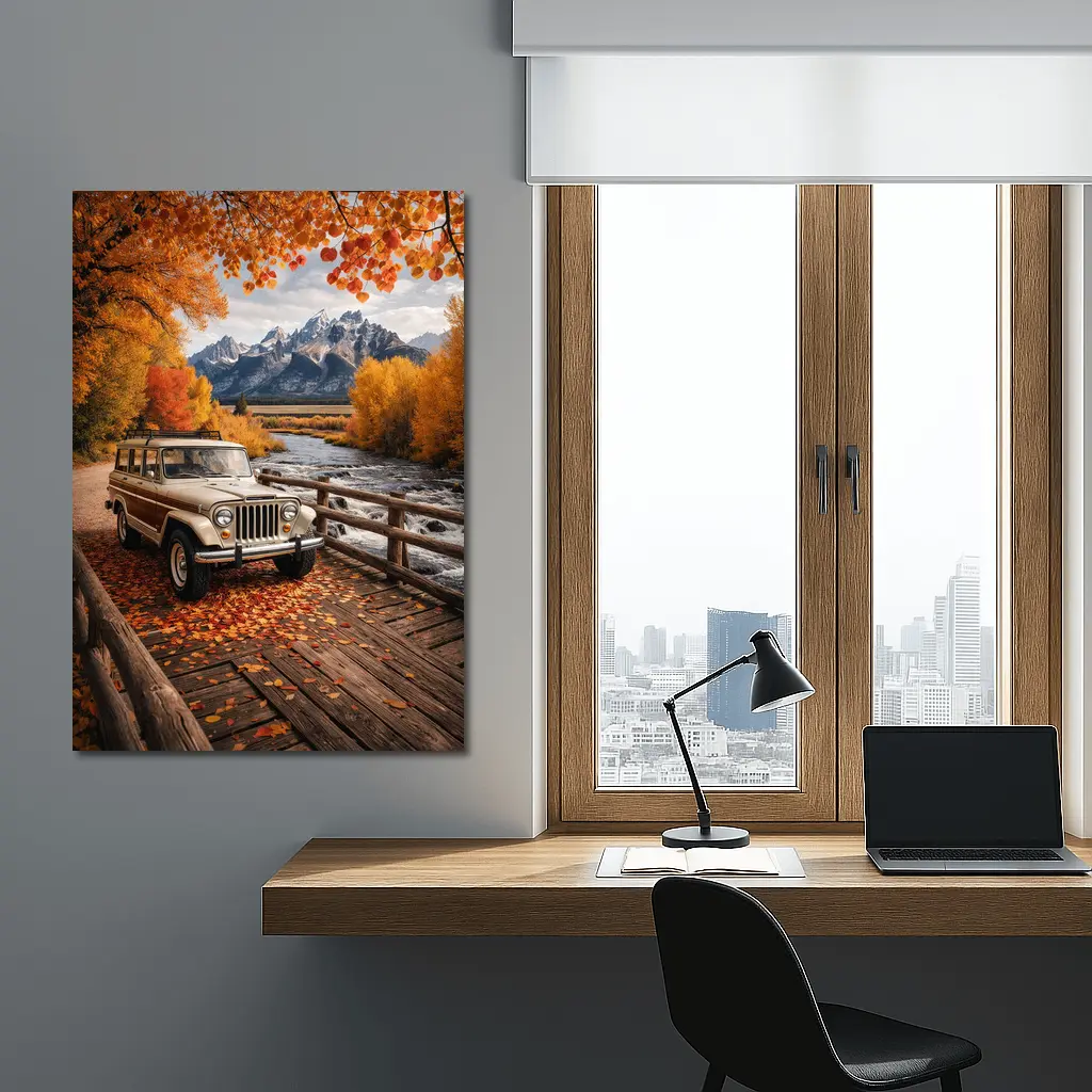 Jeep Wagoneer On Bridge Autumn Mountains – Wall Art