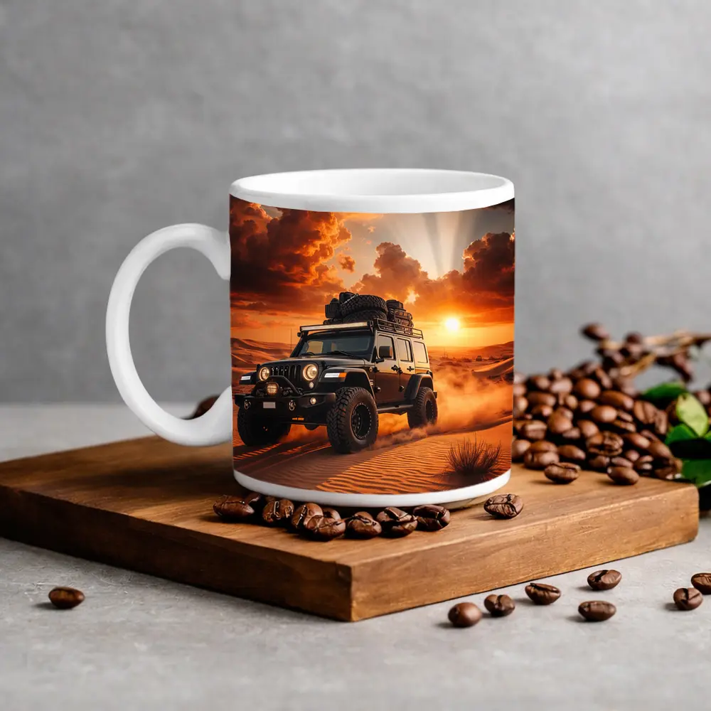 Jeep Wrangler Tearing Through Desert Sunset – Mugs