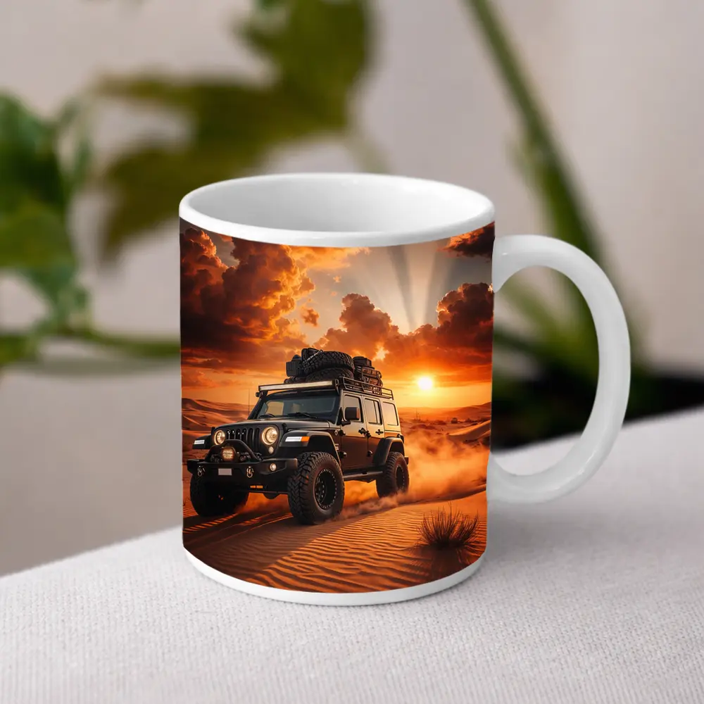 Jeep Wrangler Tearing Through Desert Sunset – Mugs