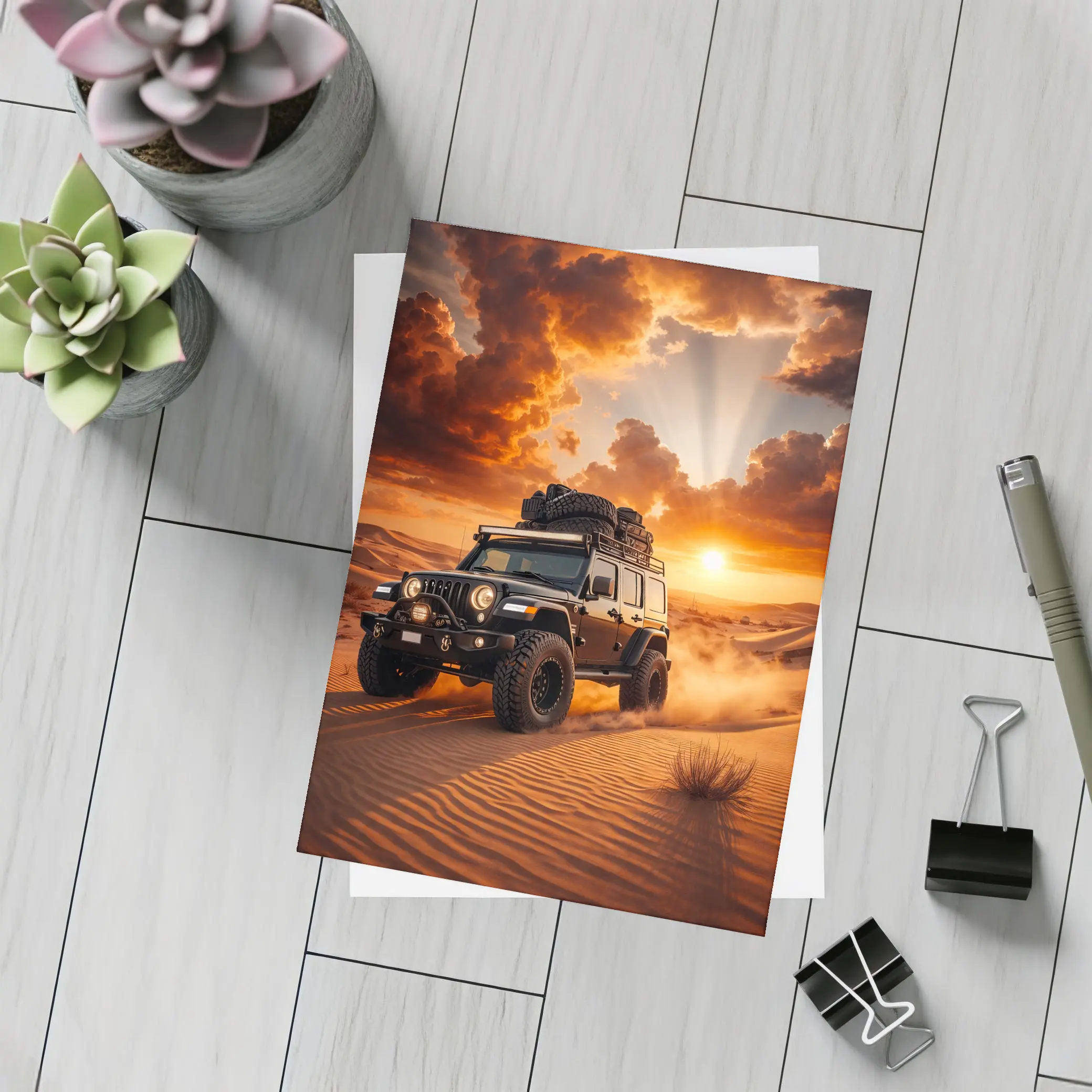Jeep Wrangler Tearing Through Desert Sunset – Postcards