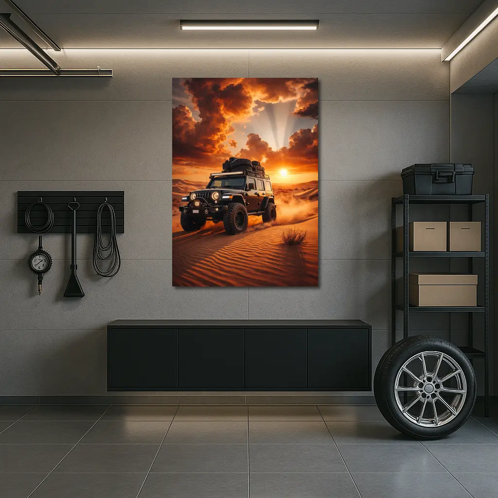 Jeep Wrangler Tearing Through Desert Sunset – Wall Art