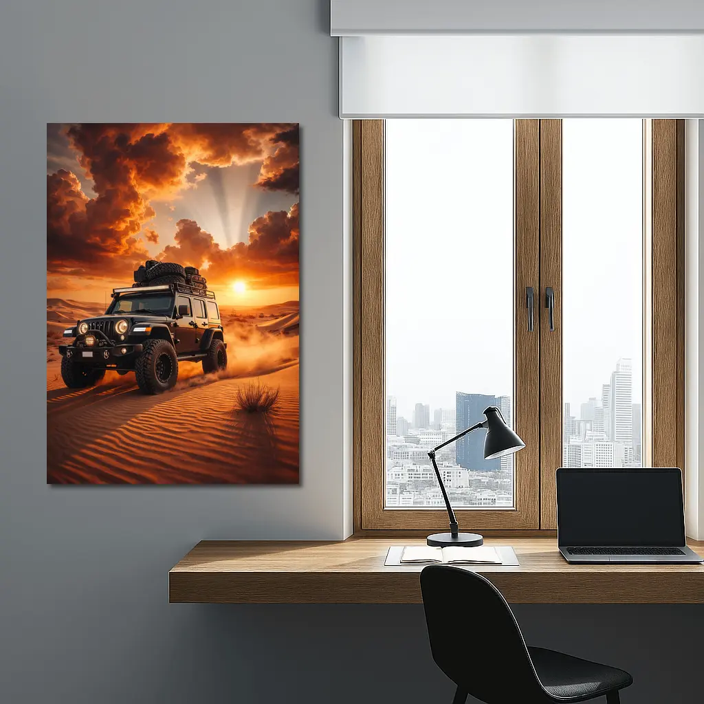Jeep Wrangler Tearing Through Desert Sunset – Wall Art