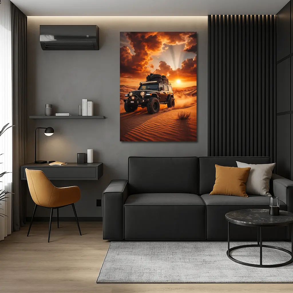 Jeep Wrangler Tearing Through Desert Sunset – Wall Art