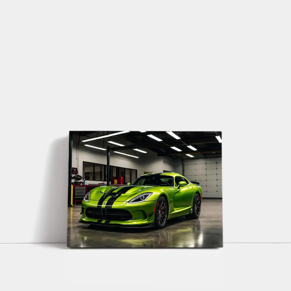 Green Dodge Viper Parked Inside Garage – Wall Art