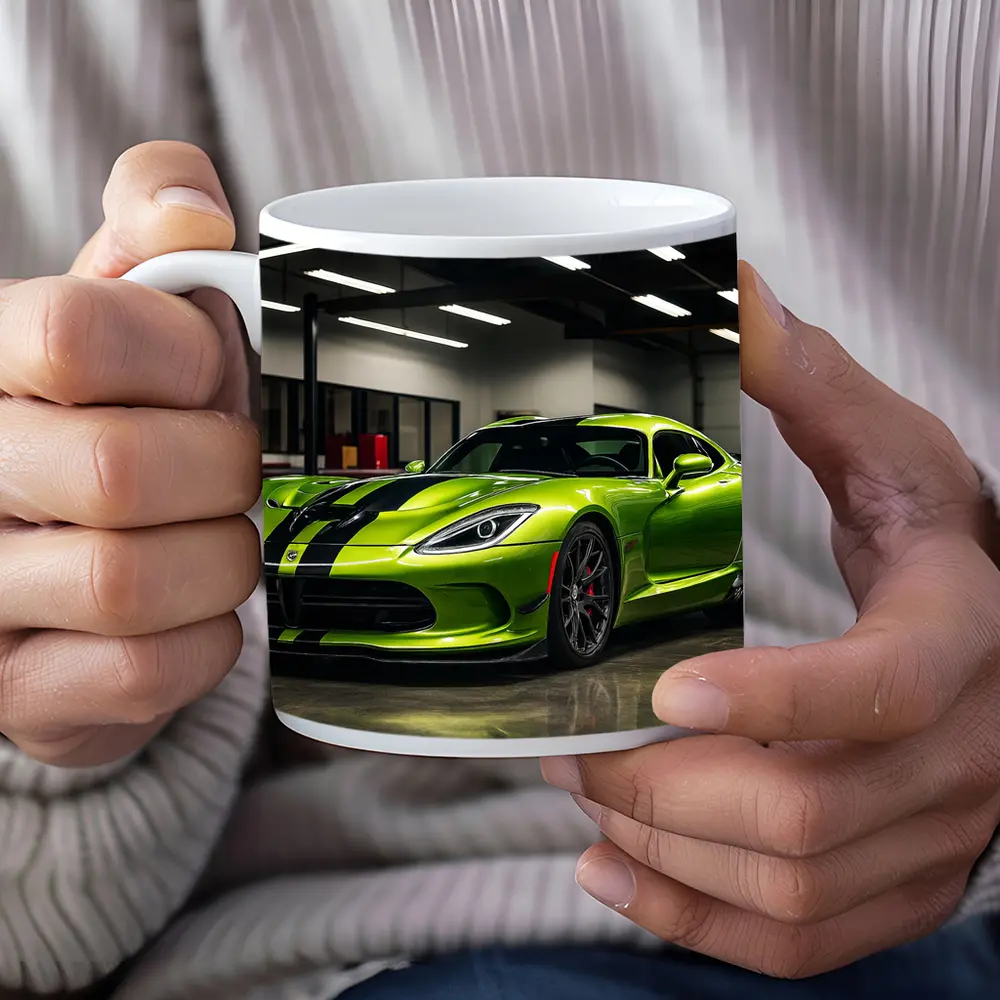 Green Dodge Viper Parked Inside Garage – Mugs