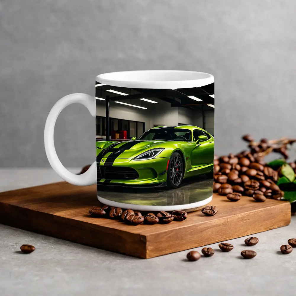 Green Dodge Viper Parked Inside Garage – Mugs