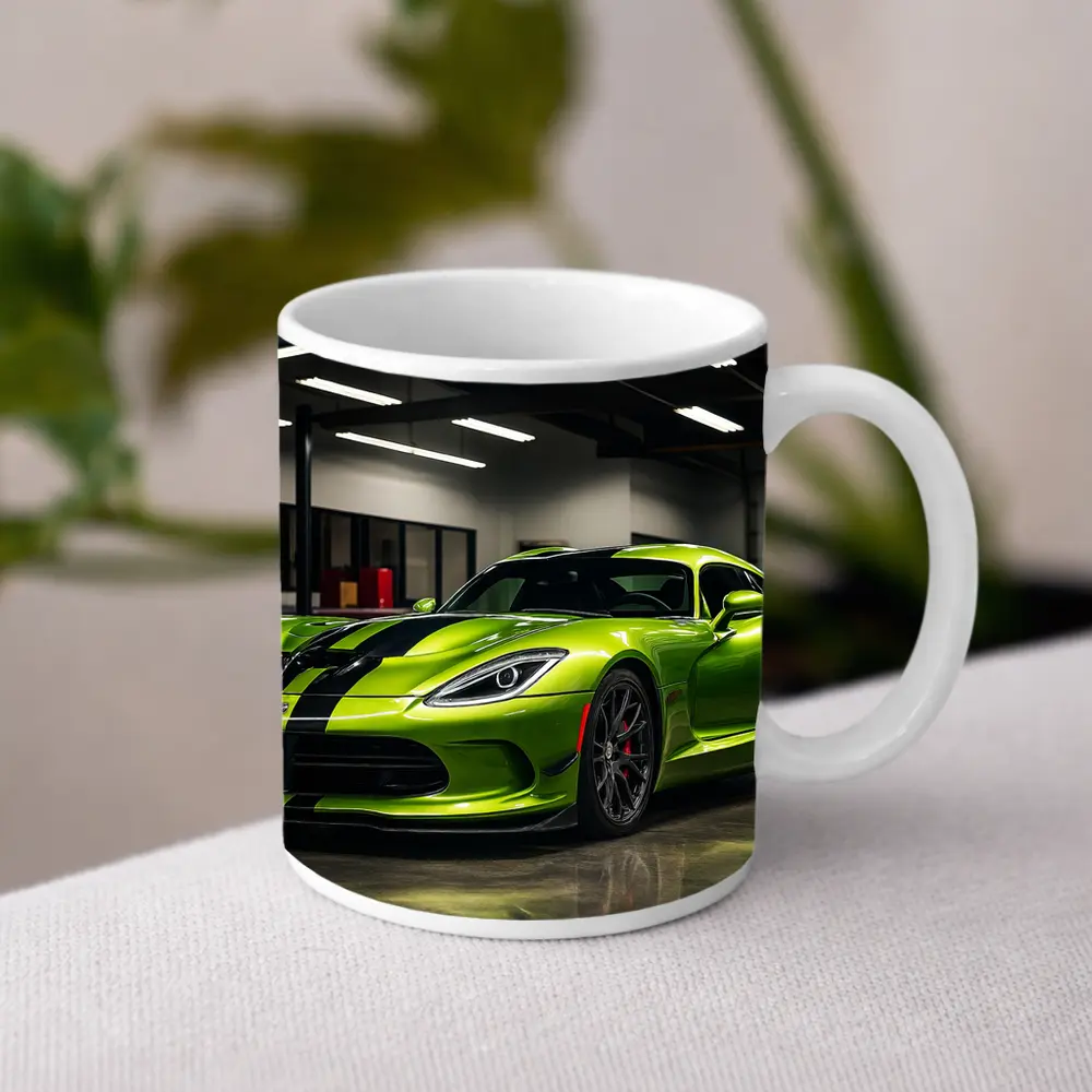 Green Dodge Viper Parked Inside Garage – Mugs