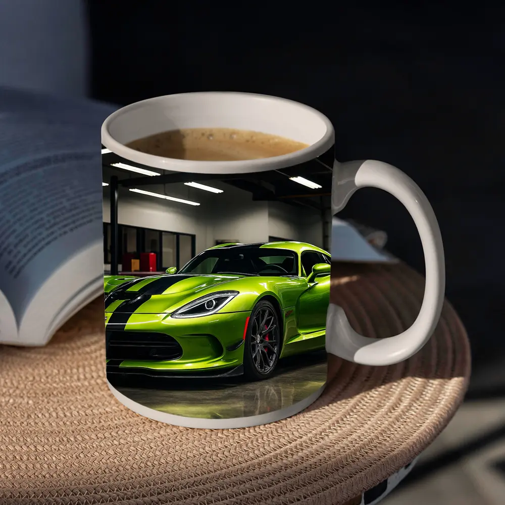 Green Dodge Viper Parked Inside Garage – Mugs