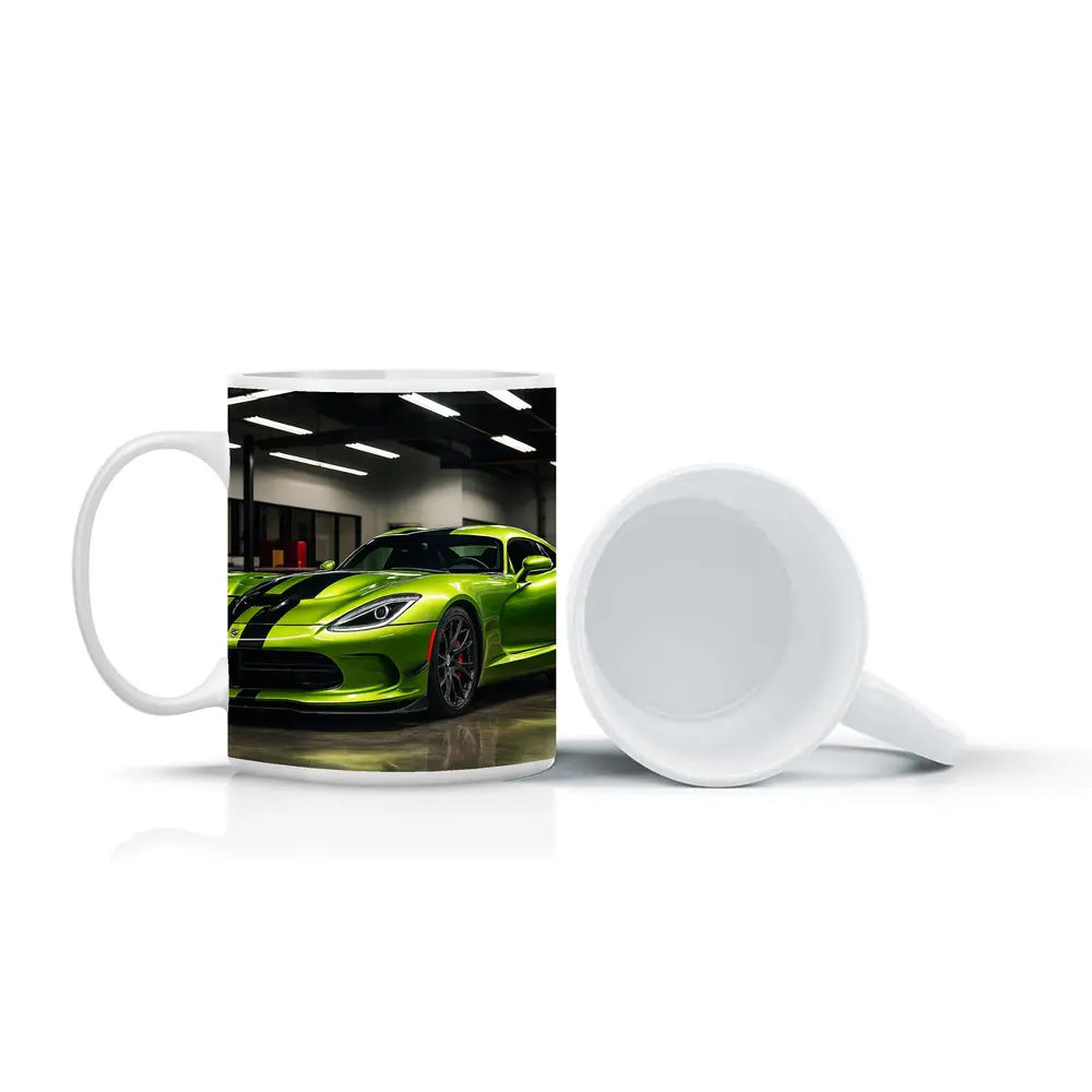 Green Dodge Viper Parked Inside Garage – Mugs