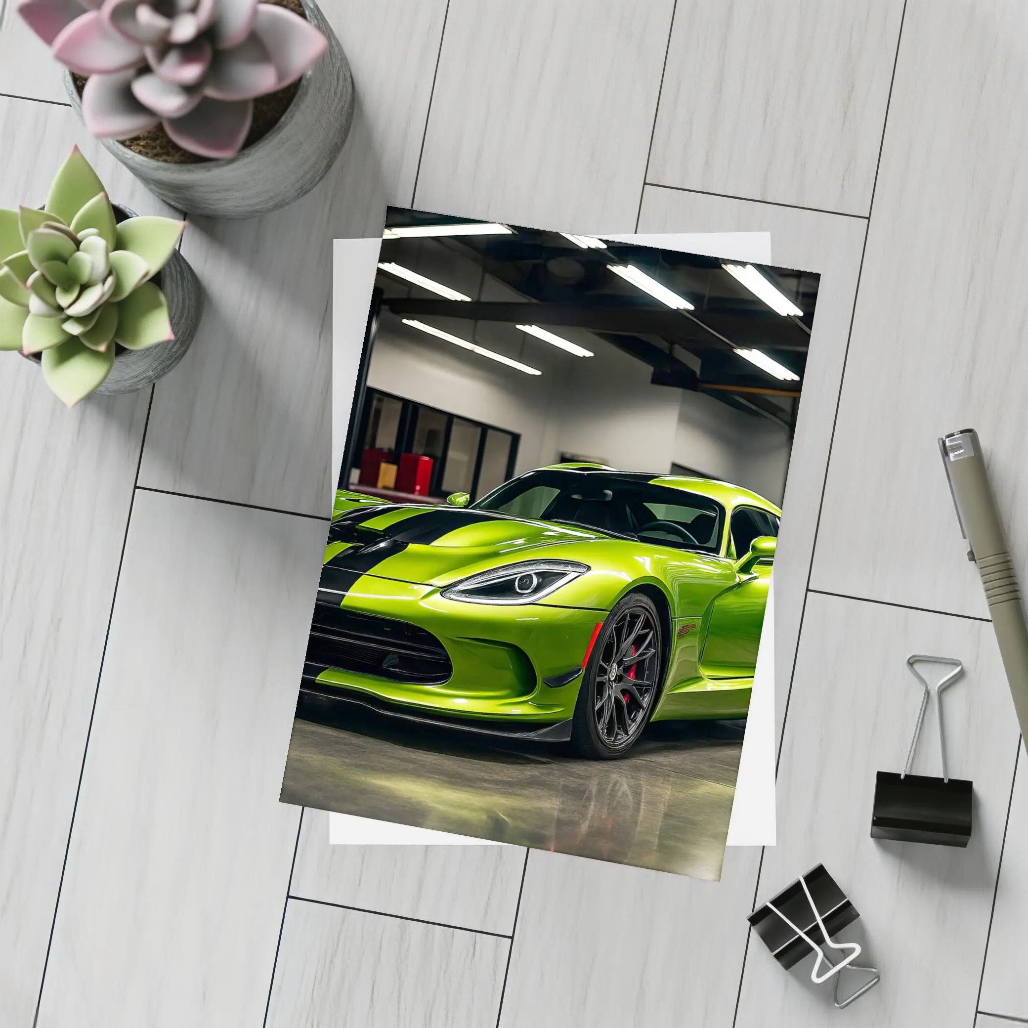 Green Dodge Viper Parked Inside Garage – Postcards