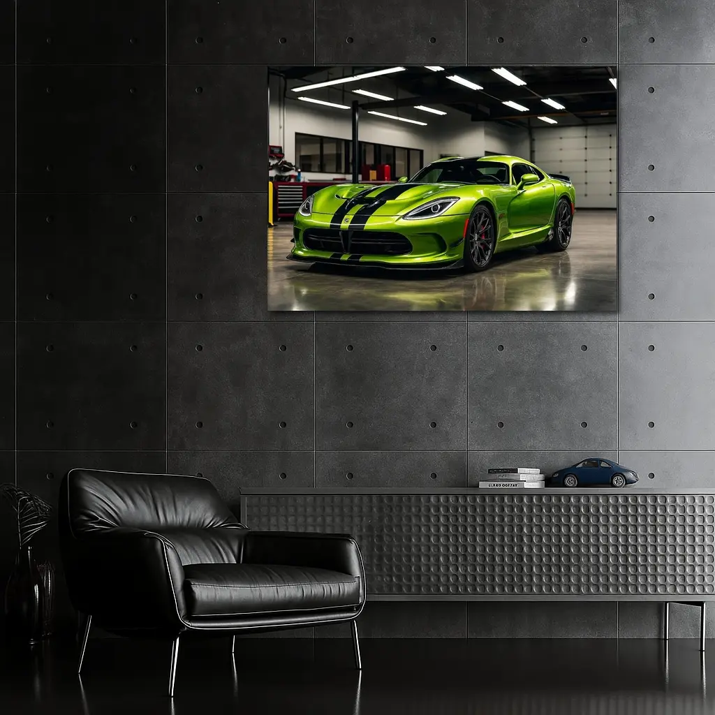 Green Dodge Viper Parked Inside Garage – Wall Art