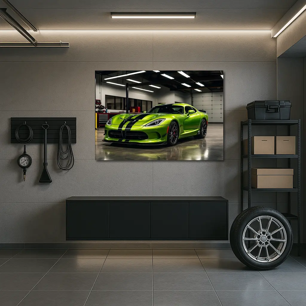 Green Dodge Viper Parked Inside Garage – Wall Art