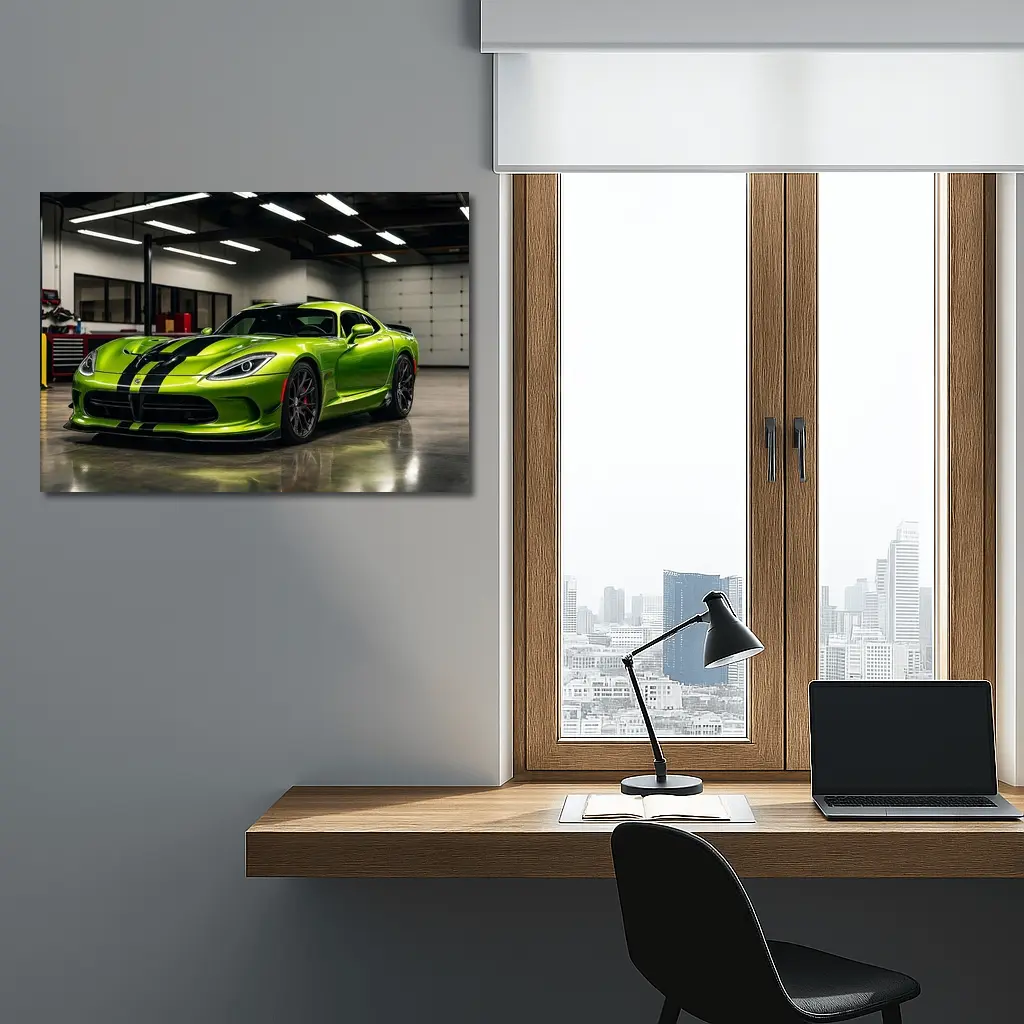 Green Dodge Viper Parked Inside Garage – Wall Art