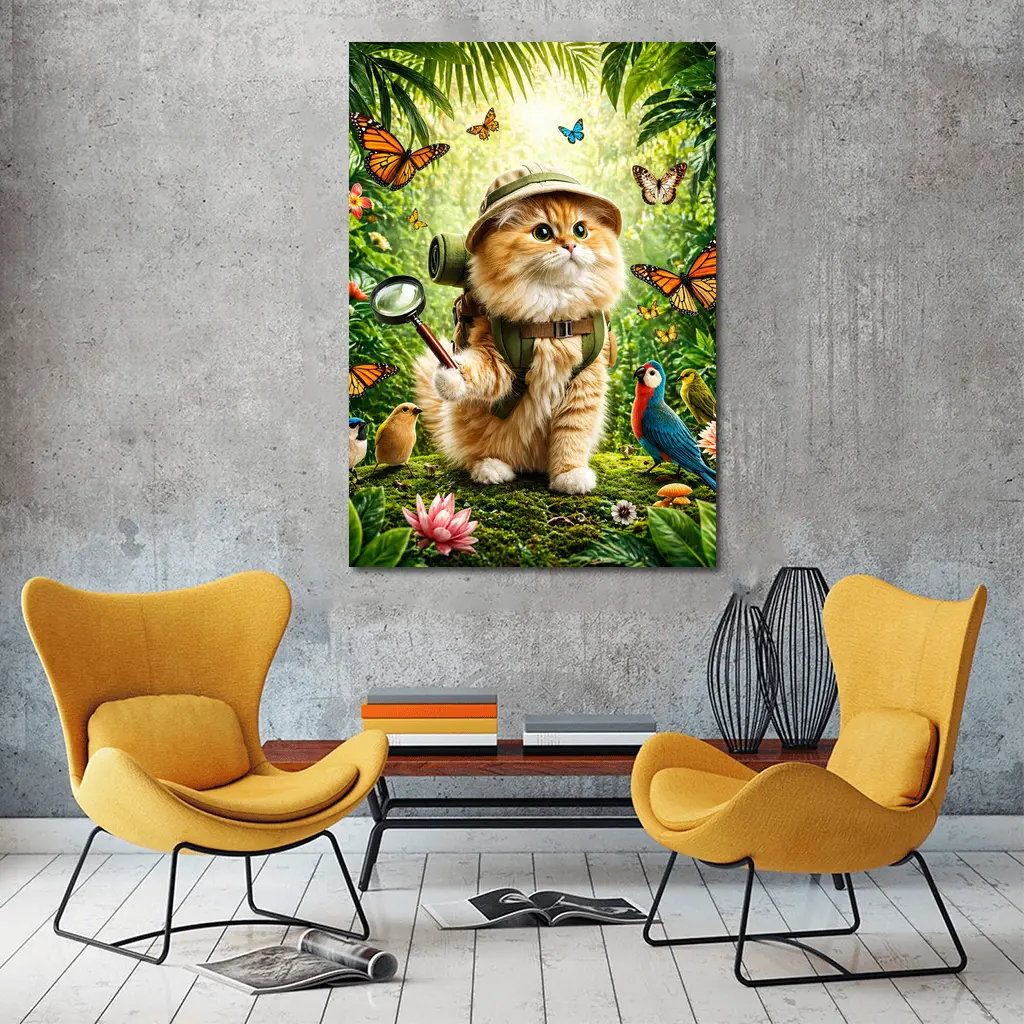Explorer Cat in Jungle with Butterflies – Wall Art