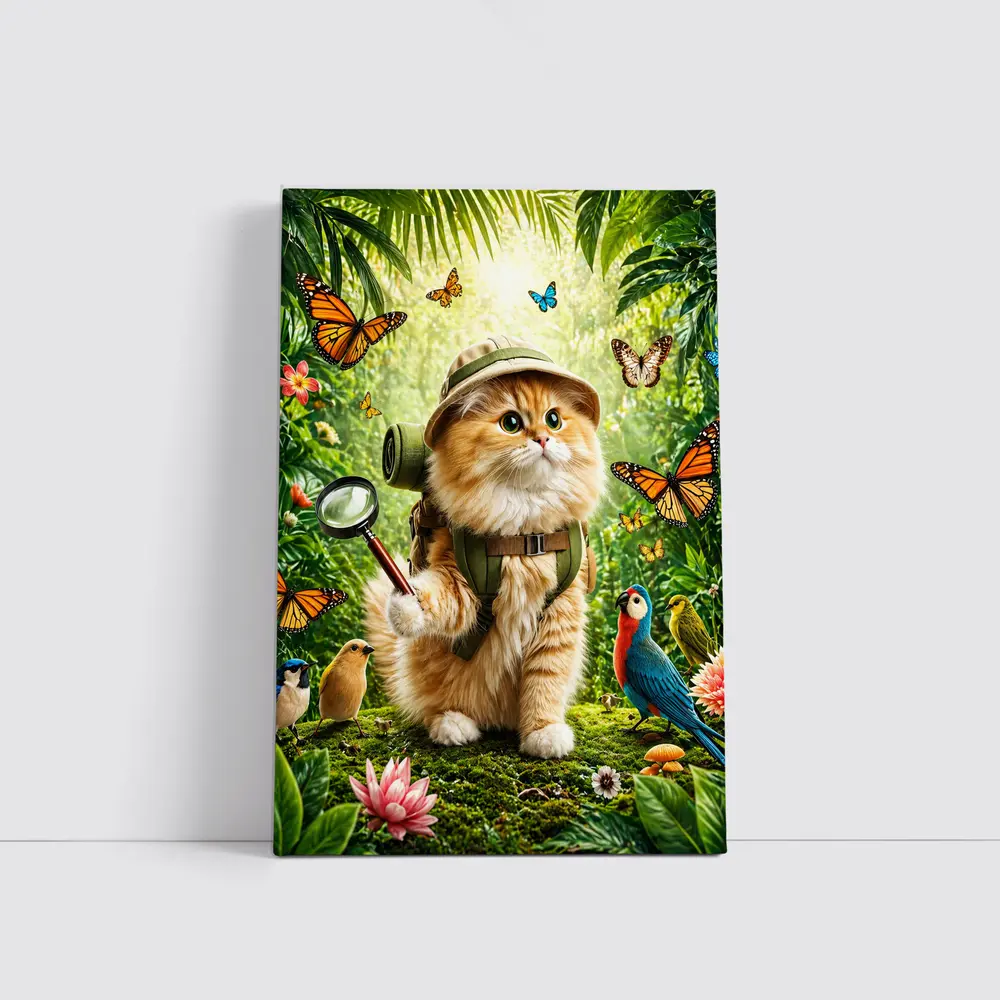 Explorer Cat in Jungle with Butterflies – Wall Art