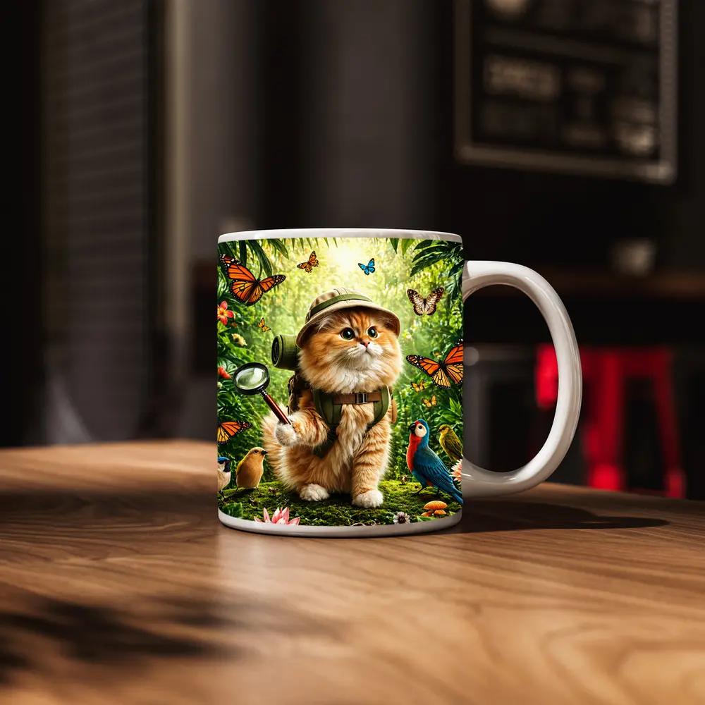 Explorer Cat in Jungle with Butterflies – Mugs