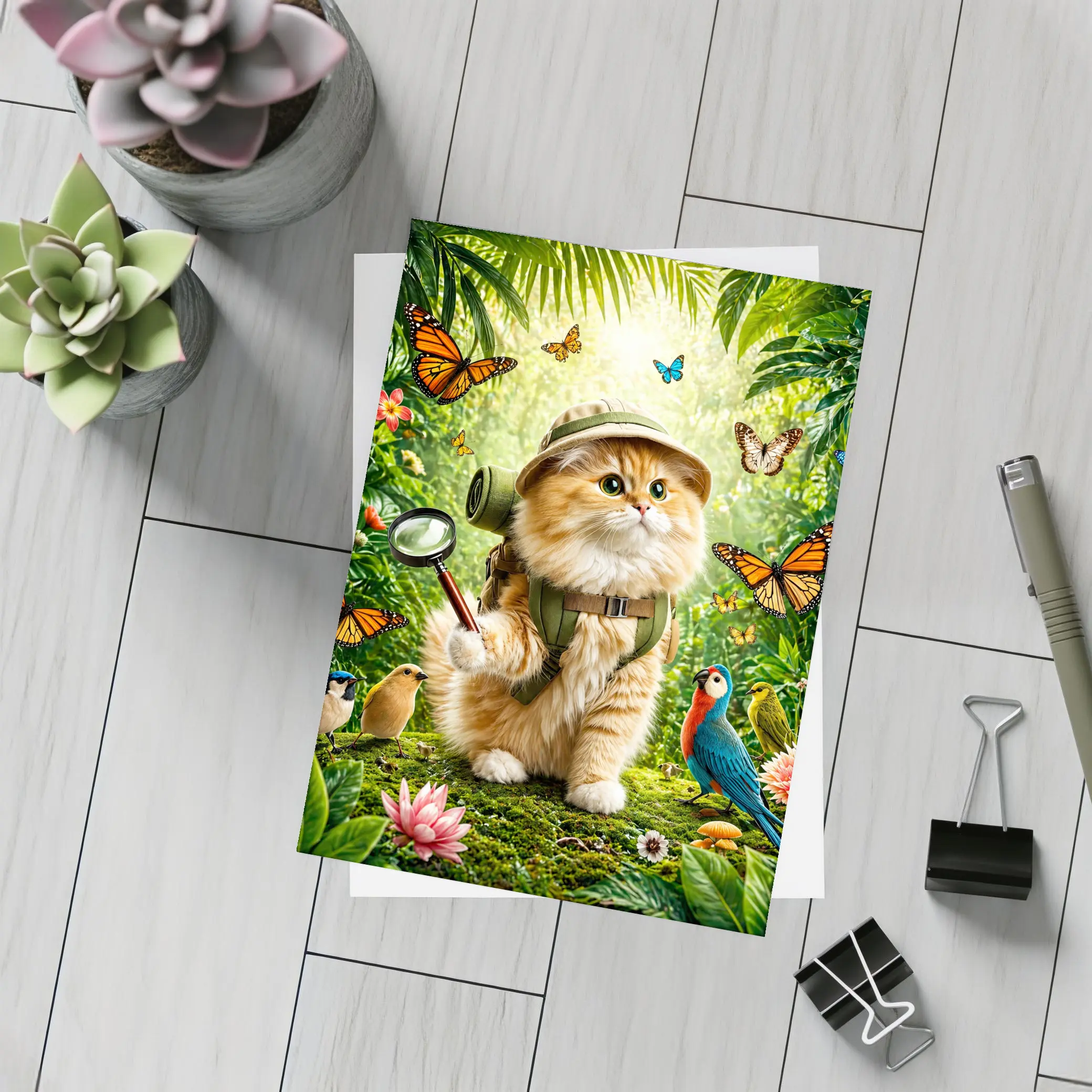 Explorer Cat in Jungle with Butterflies – Postcards