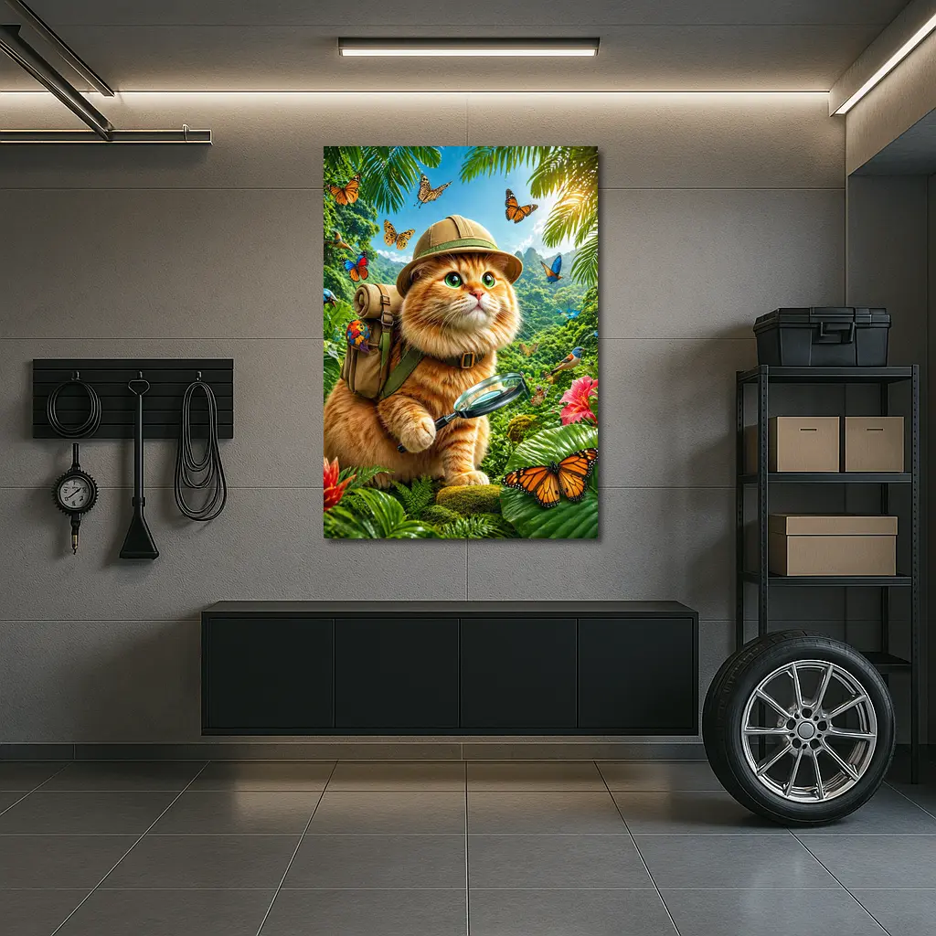 Orange Cat Explorer In Tropical Jungle – Wall Art