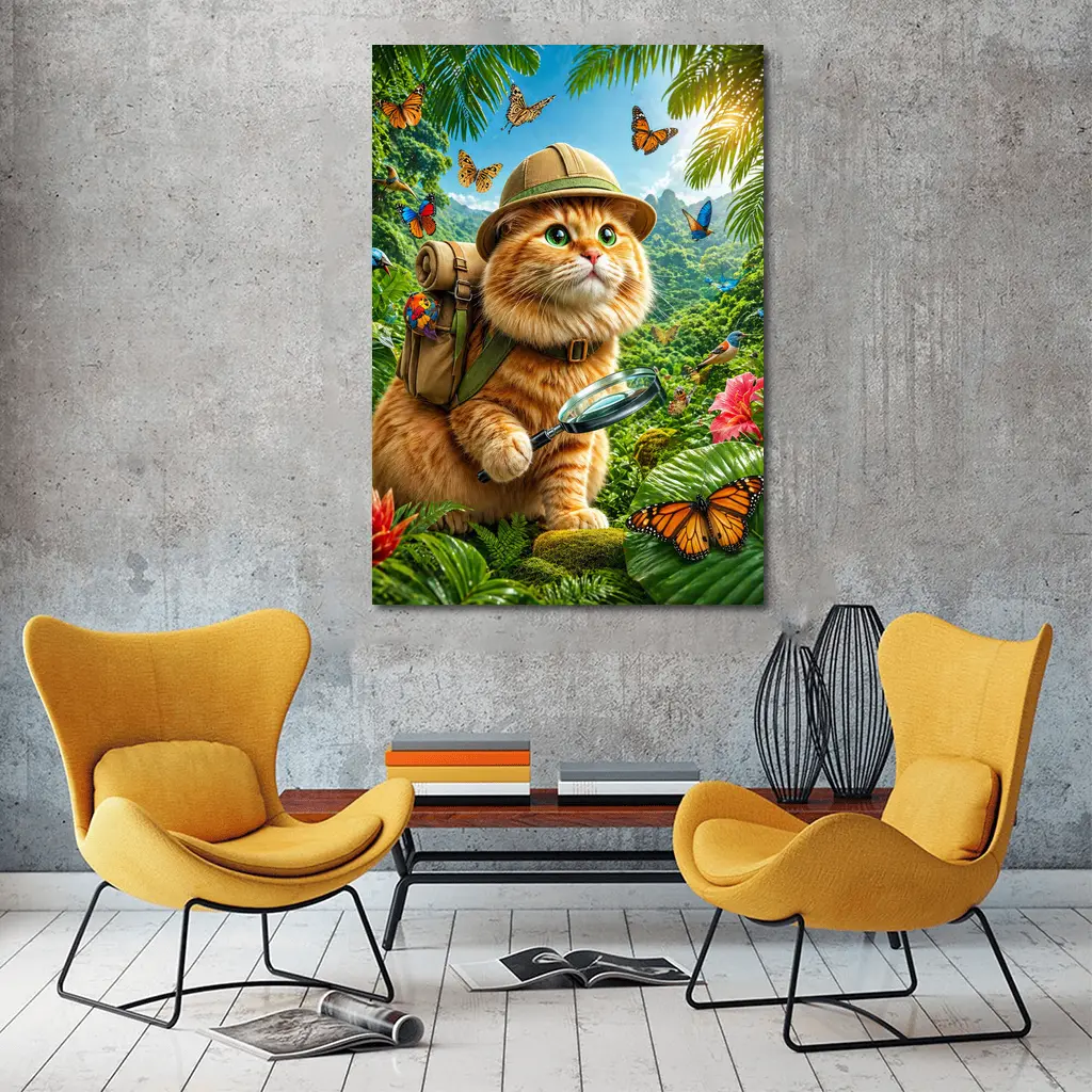 Orange Cat Explorer In Tropical Jungle – Wall Art