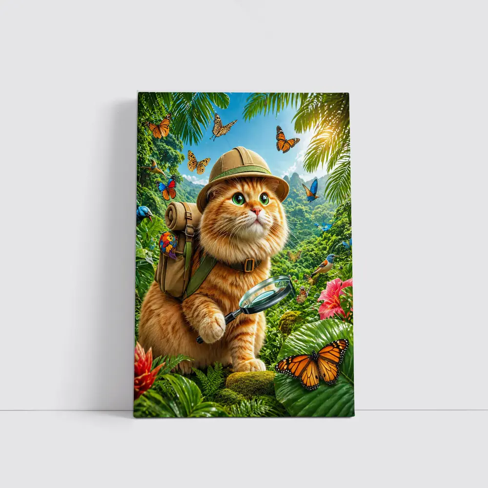 Orange Cat Explorer In Tropical Jungle – Wall Art