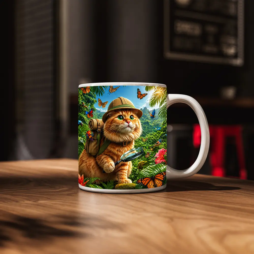Orange Cat Explorer In Tropical Jungle – Mugs