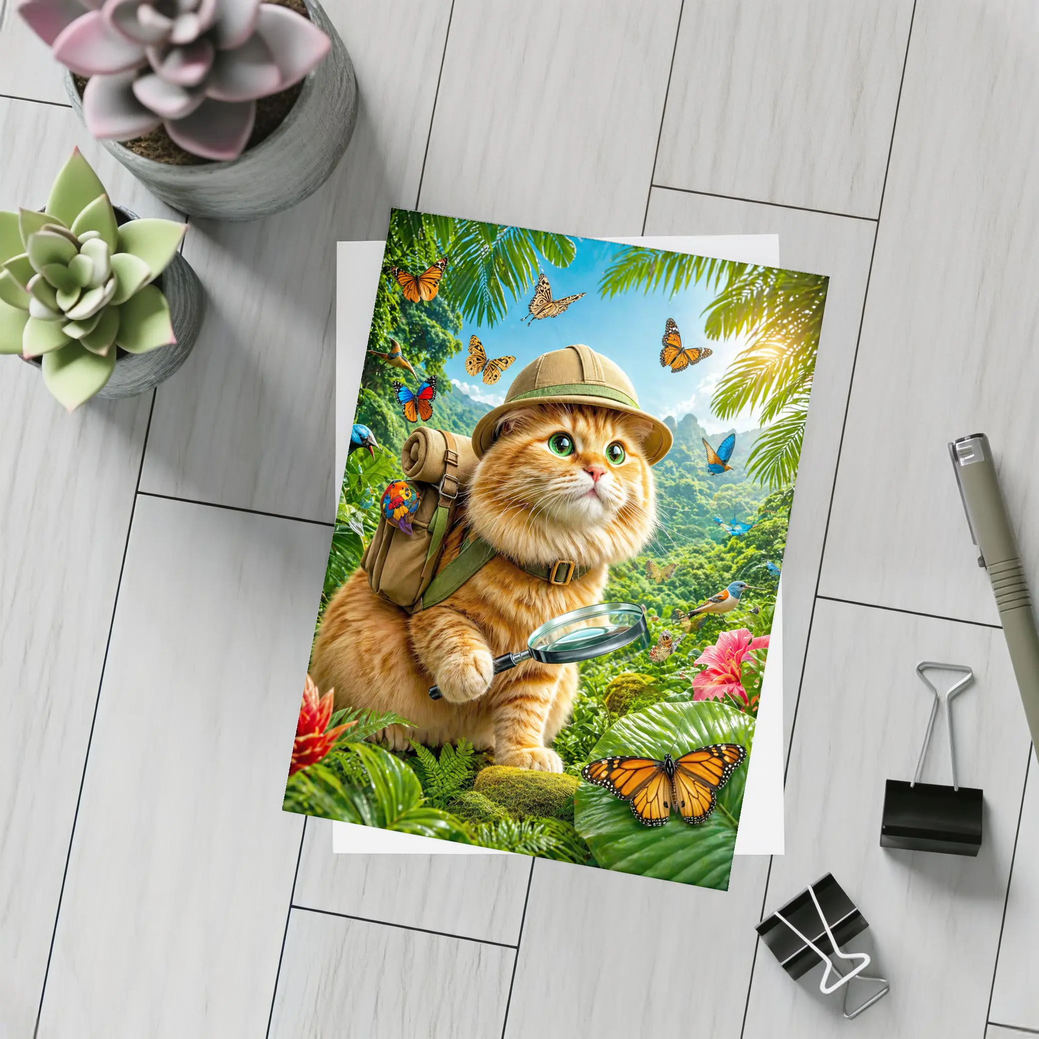 Orange Cat Explorer In Tropical Jungle – Postcards