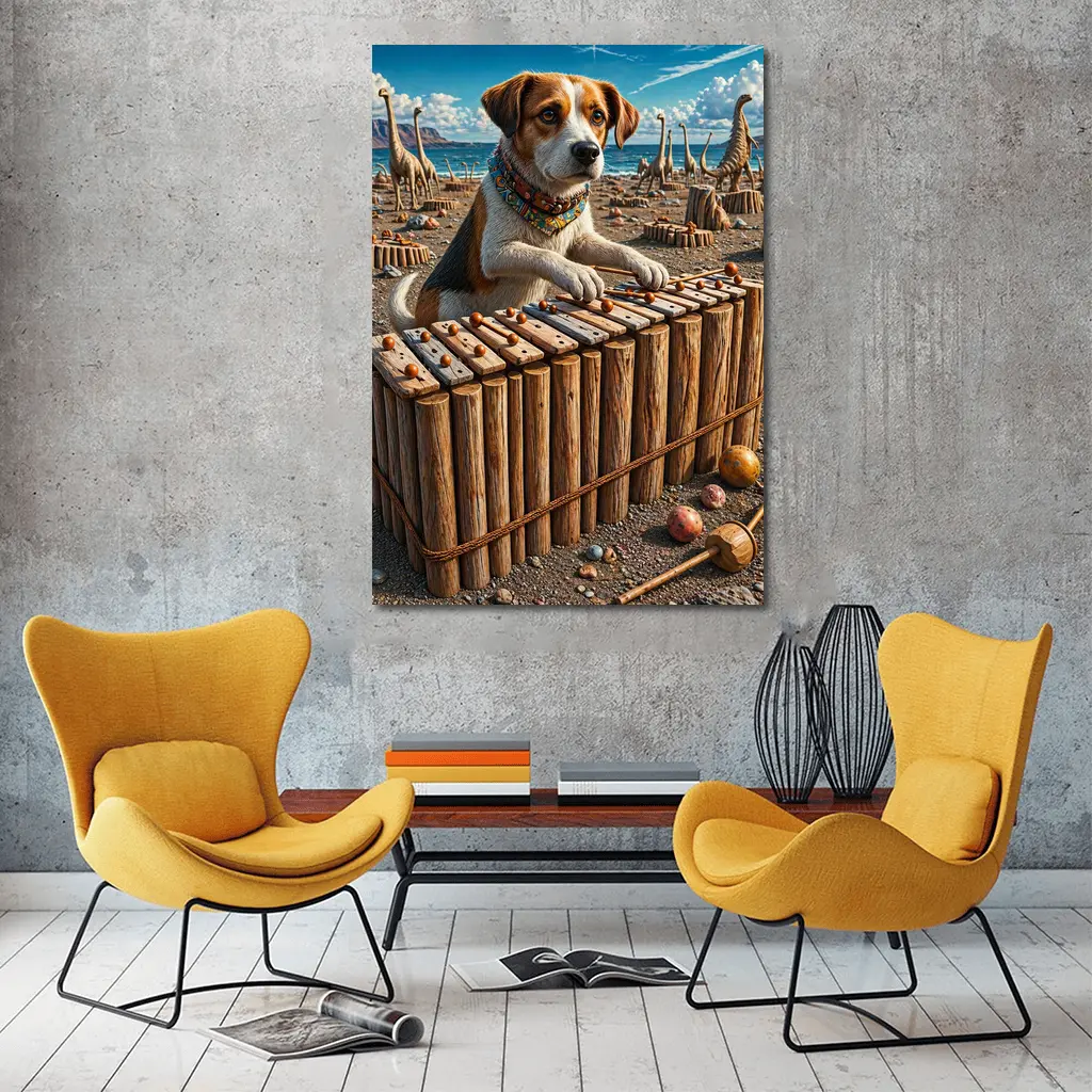 Beagle Dog Playing Xylophone Dinosaur Beach – Wall Art