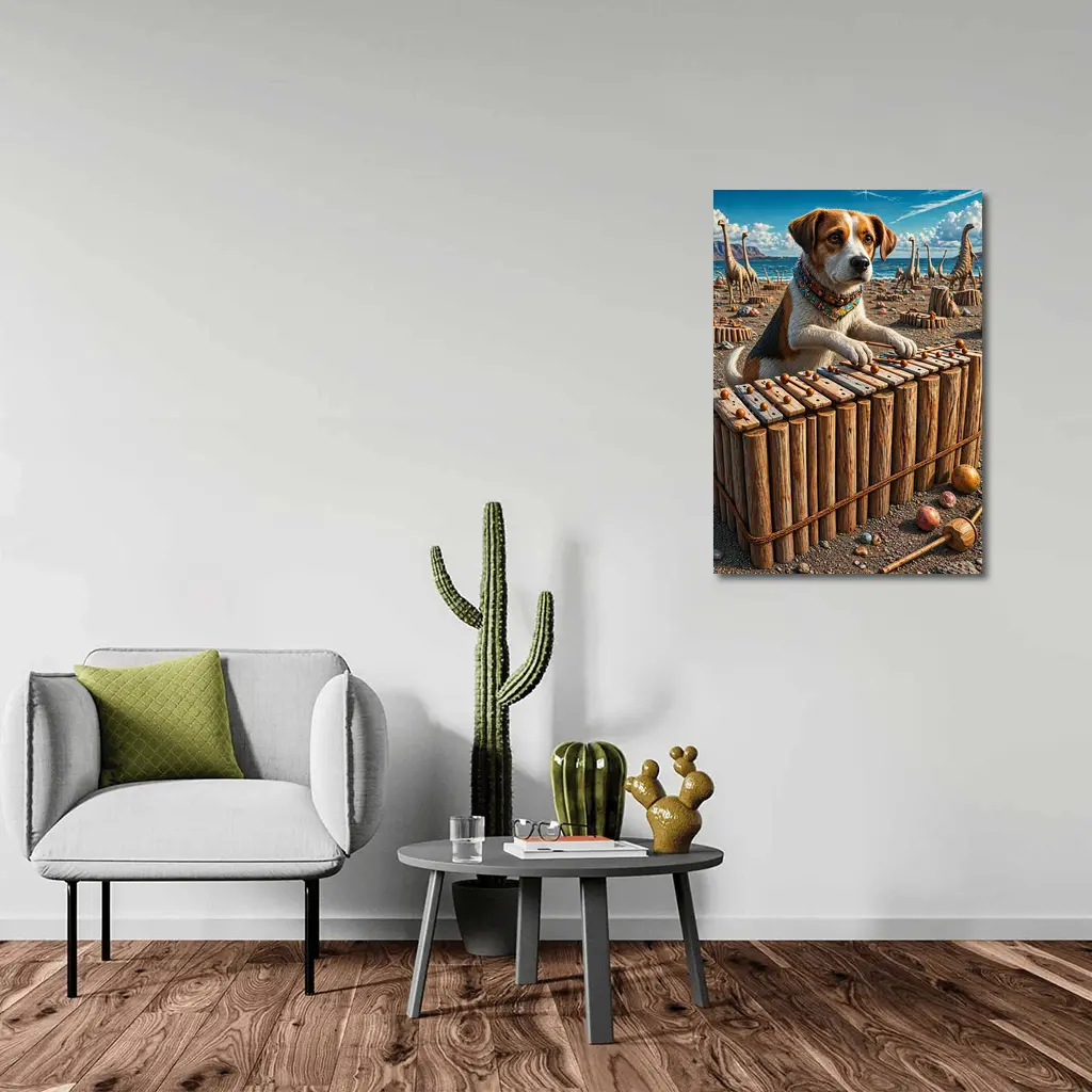 Beagle Dog Playing Xylophone Dinosaur Beach – Wall Art